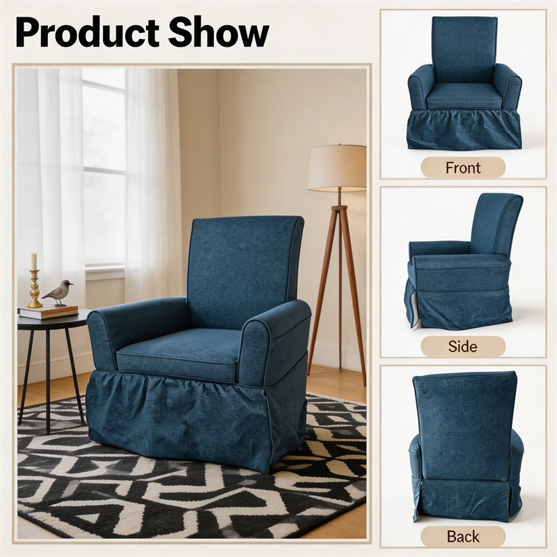 Blue Linen Fabric 360 Swivel Barrel Accent Chair with Rocking Base for Living Room