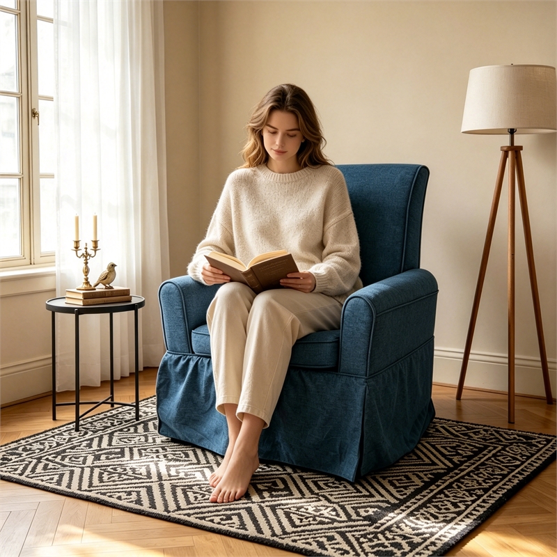 Blue Linen Fabric 360 Swivel Barrel Accent Chair with Rocking Base for Living Room