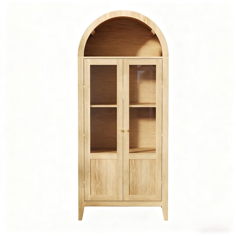 Light Brown Tall Arched Cabinet with Glass Doors Storage Cabinet Engineered Wood Display Cabinet for Kitchen Dining Room Living Room Anti Tip Design