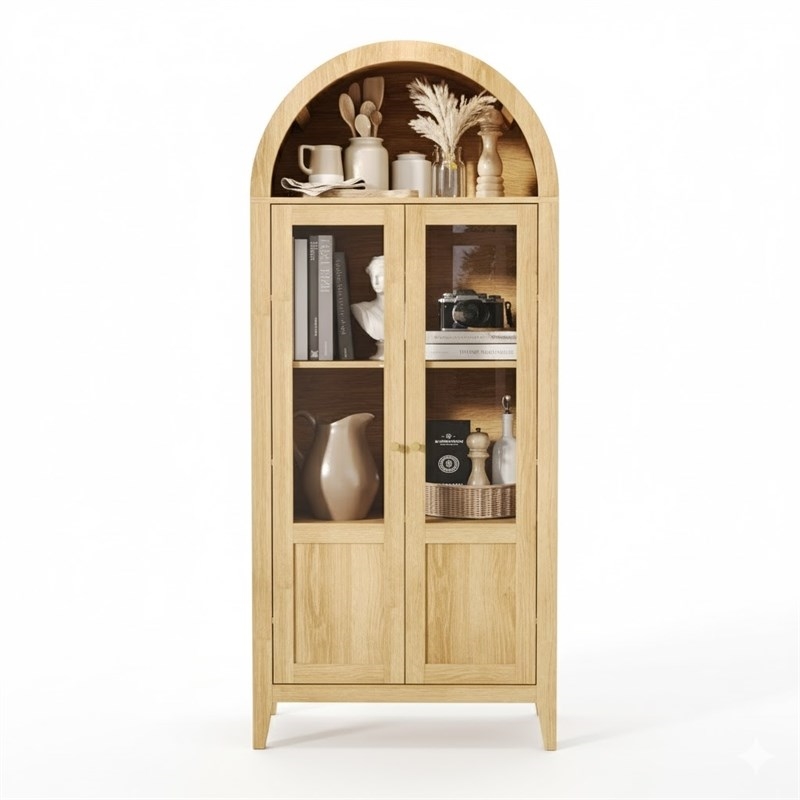 Light Brown Tall Arched Cabinet with Glass Doors Storage Cabinet Engineered Wood Display Cabinet for Kitchen Dining Room Living Room Anti Tip Design