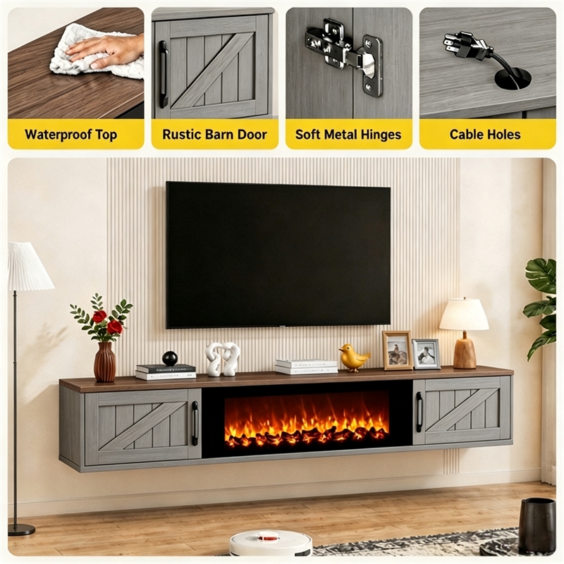 67 Inch Floating TV Stand - 36 Inch Fireplace Gray Engineered Wood High-Gloss Cabinet Doors for Living Room