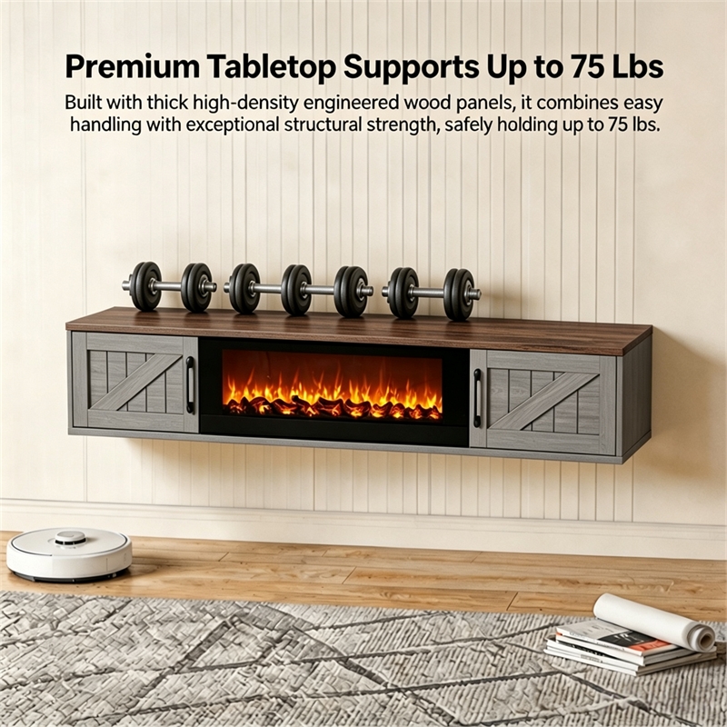 67 Inch Floating TV Stand - 36 Inch Fireplace Gray Engineered Wood High-Gloss Cabinet Doors for Living Room
