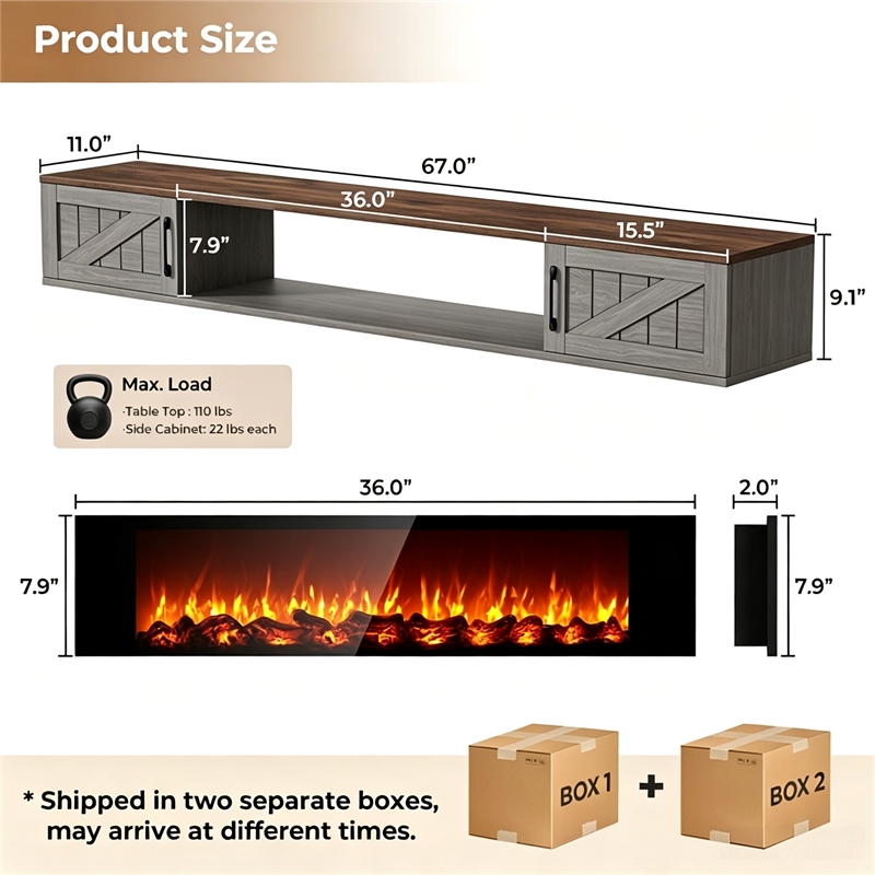 67 Inch Floating TV Stand - 36 Inch Fireplace Gray Engineered Wood High-Gloss Cabinet Doors for Living Room