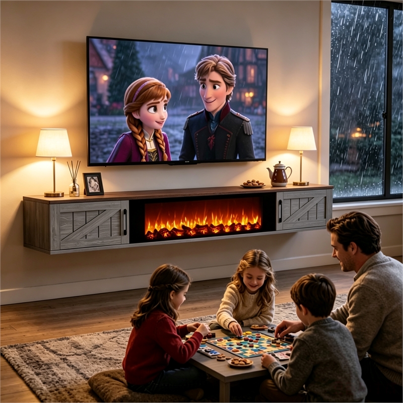 67 Inch Floating TV Stand - 36 Inch Fireplace Gray Engineered Wood High-Gloss Cabinet Doors for Living Room