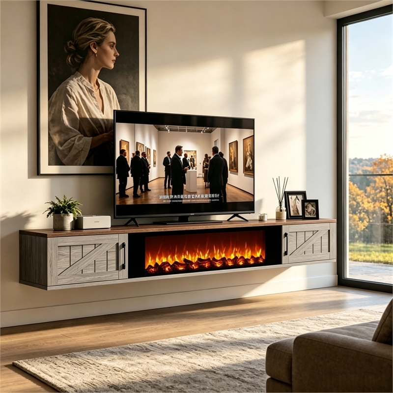 67 Inch Floating TV Stand - 36 Inch Fireplace Gray Engineered Wood High-Gloss Cabinet Doors for Living Room