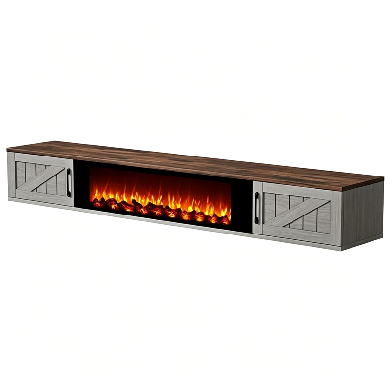 67 Inch Floating TV Stand - 36 Inch Fireplace Gray Engineered Wood High-Gloss Cabinet Doors for Living Room