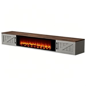 67 Inch Floating TV Stand - 36 Inch Fireplace Gray Engineered Wood High-Gloss Cabinet Doors for Living Room