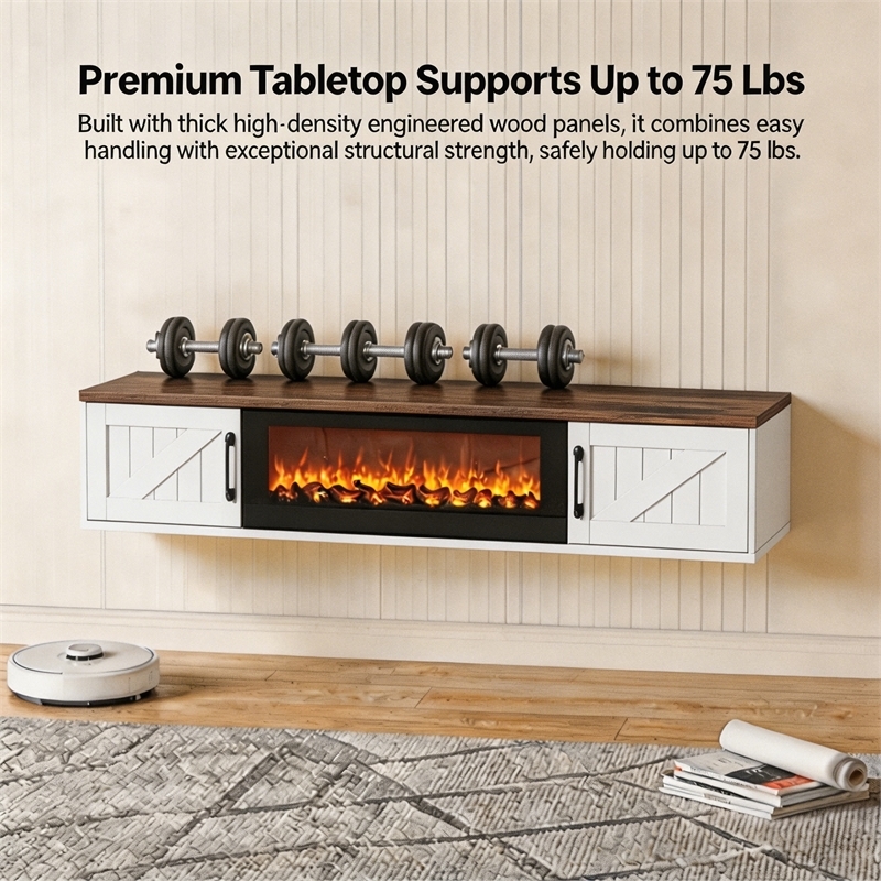67 Inch Floating TV Stand - 36 Inch Fireplace White Engineered Wood High-Gloss Cabinet Doors for Living Room