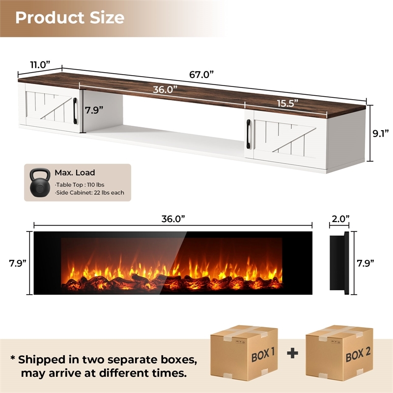 67 Inch Floating TV Stand - 36 Inch Fireplace White Engineered Wood High-Gloss Cabinet Doors for Living Room