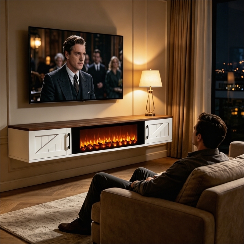 67 Inch Floating TV Stand - 36 Inch Fireplace White Engineered Wood High-Gloss Cabinet Doors for Living Room