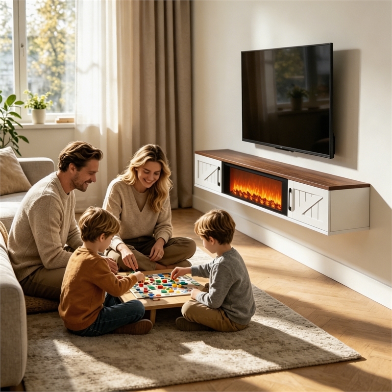 67 Inch Floating TV Stand - 36 Inch Fireplace White Engineered Wood High-Gloss Cabinet Doors for Living Room