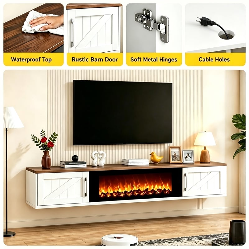 67 Inch Floating TV Stand - 36 Inch Fireplace White Engineered Wood High-Gloss Cabinet Doors for Living Room