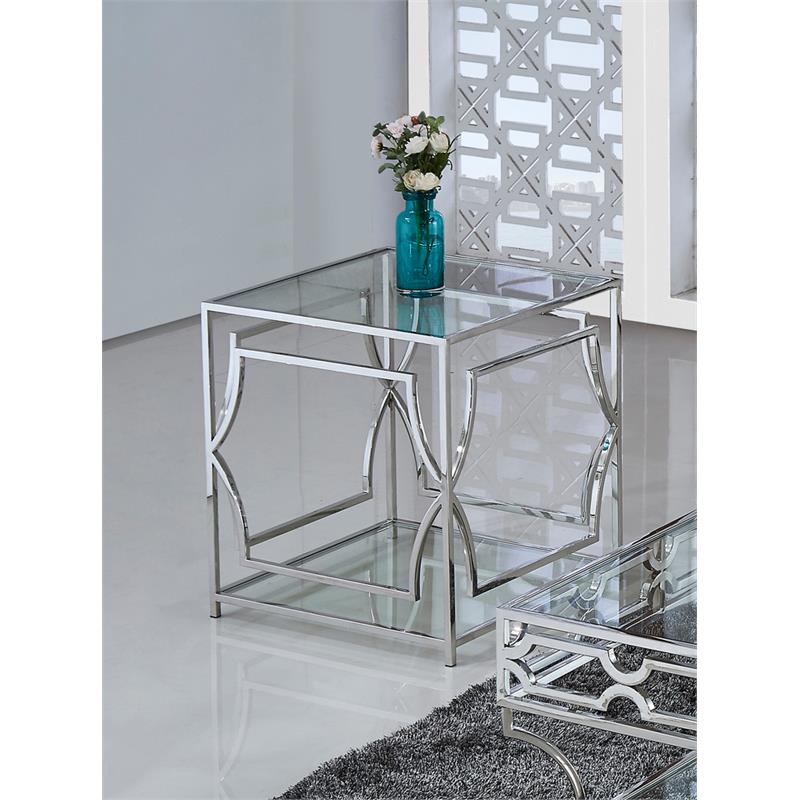 Best Master Furniture Abigail Glass and Stainless Steel Base End Table in Silver