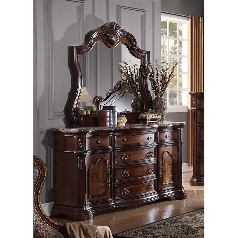 Best Master Barney's 2-Piece Wood Dresser and Mirror Set in Walnut w/Marble Top