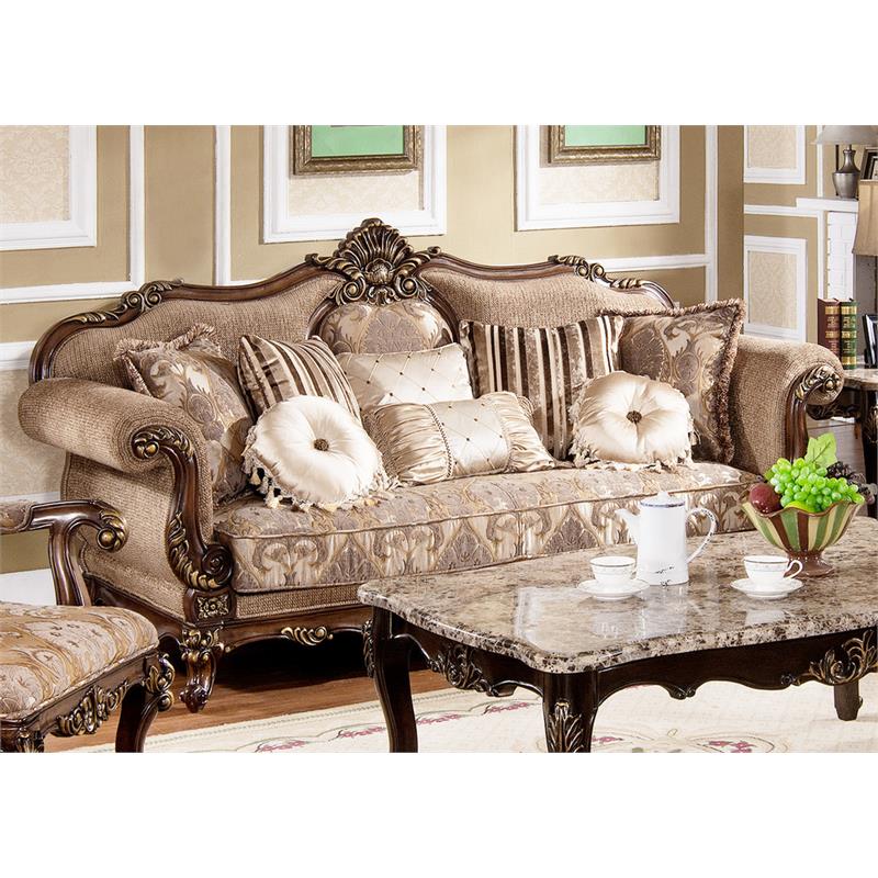 Best Master Winfrey Solid Wood and Chenille Sofa in Cherry/Gold Trim