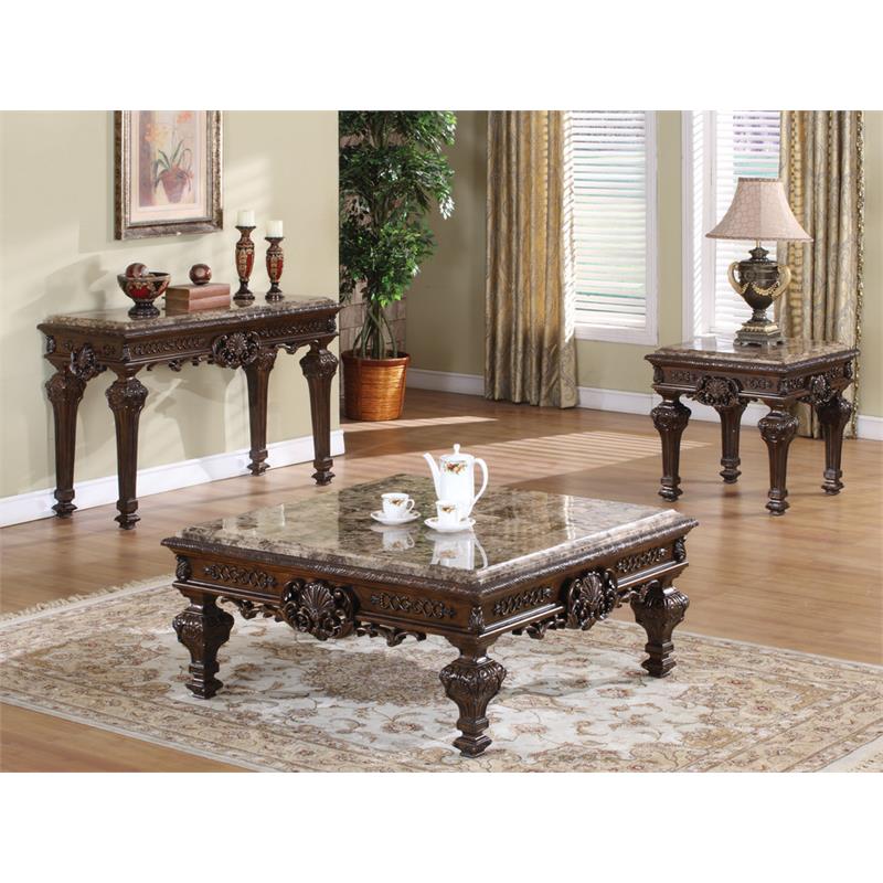 Best Master Traditional 3-Piece Faux Marble Top Living Room Table Set in Cherry