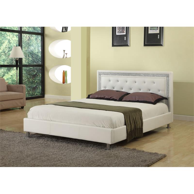 Best Master Faux Leather Queen Platform Bed with Crystal Tufted Buttons in White
