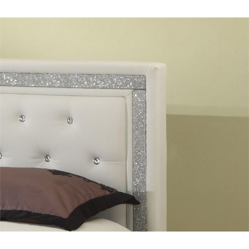 Best Master Faux Leather Queen Platform Bed with Crystal Tufted Buttons in White
