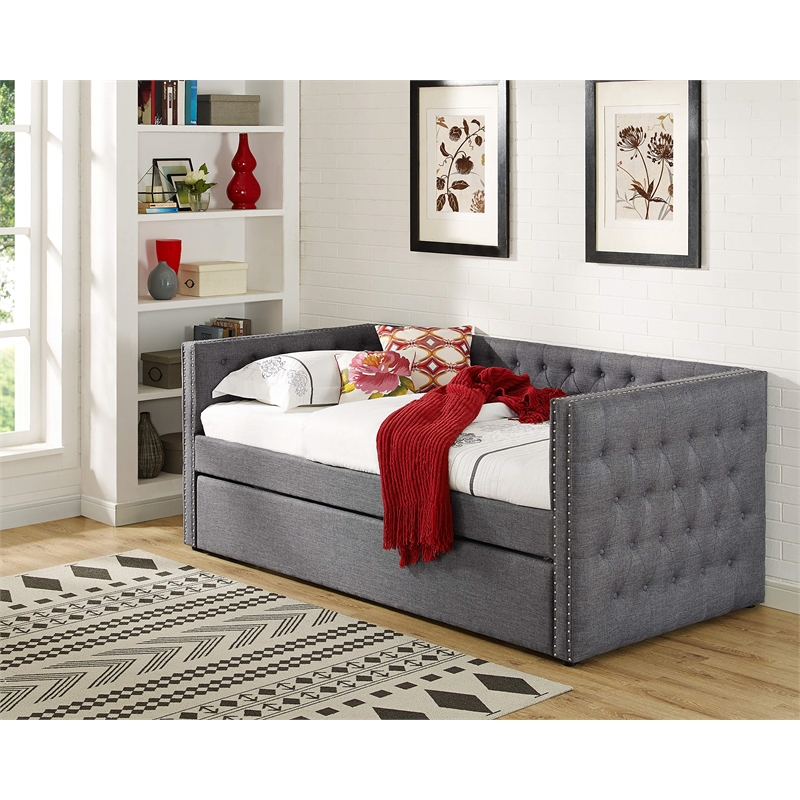 Best Master Tufted Fabric with Nailhead Twin Daybed and Trundle in Trina Beige