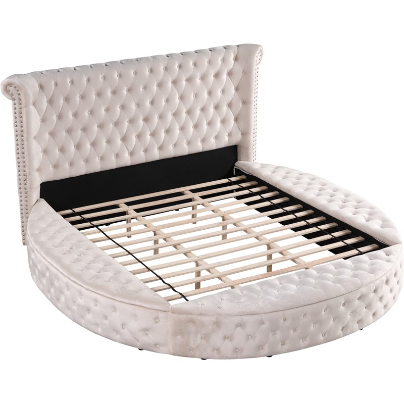 Best Master Furniture Isabella Tufted Velvet Round California King Bed in Beige