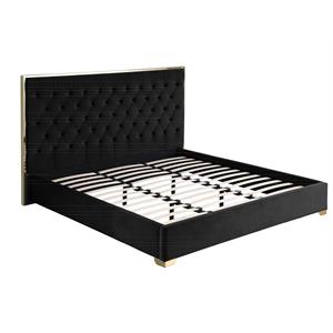 Kressa Velvet Fabric Tufted King Platform Bed in Black/Gold