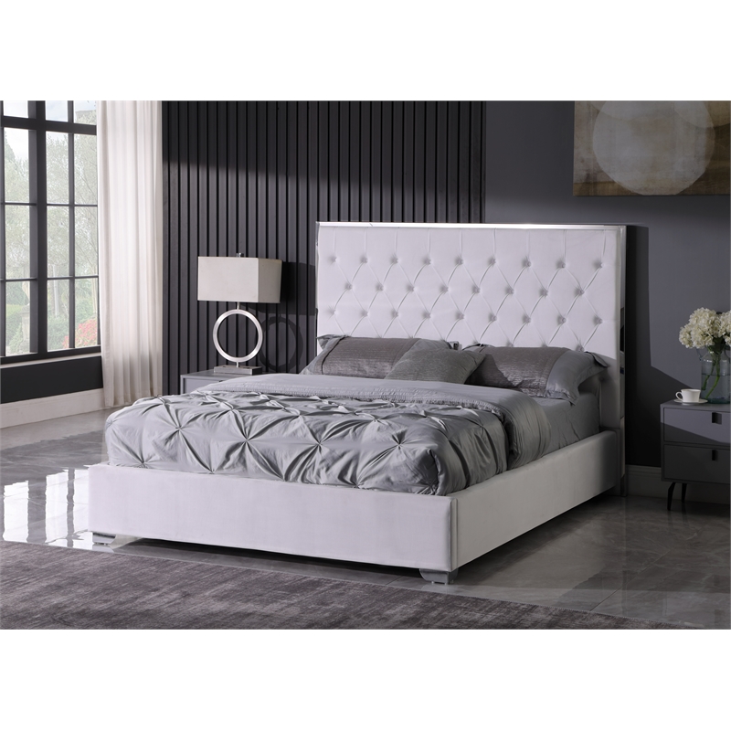 Kressa Velvet Fabric Tufted King Platform Bed in Cream