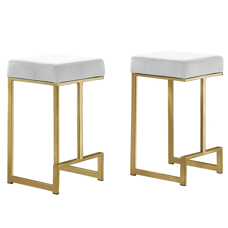 Dorrington Modern Velvet Backless Counter Height Stool in White/Gold (Set of 2)