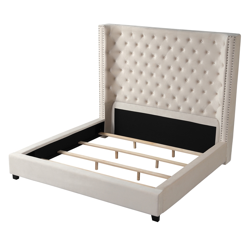 Yvonne Velvet Upholstered Queen Platform Bed in Beige