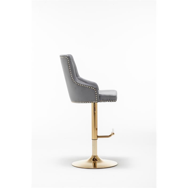 Brightcast 2-piece Velvet Tufted Gold Bar Stools in Dark Gray