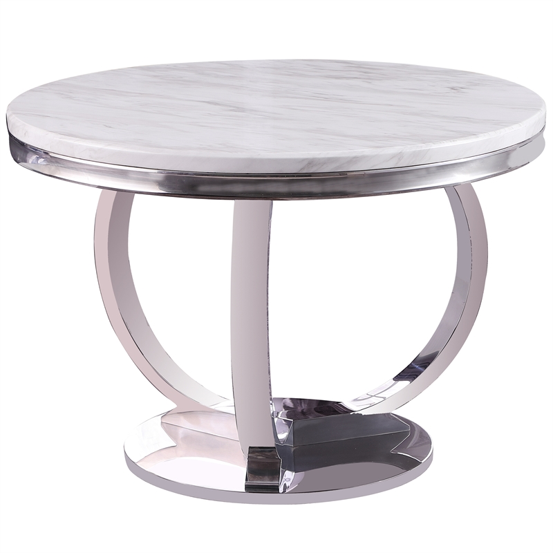 Layla White Modern Faux Marble Round Dining Table with Silver Base