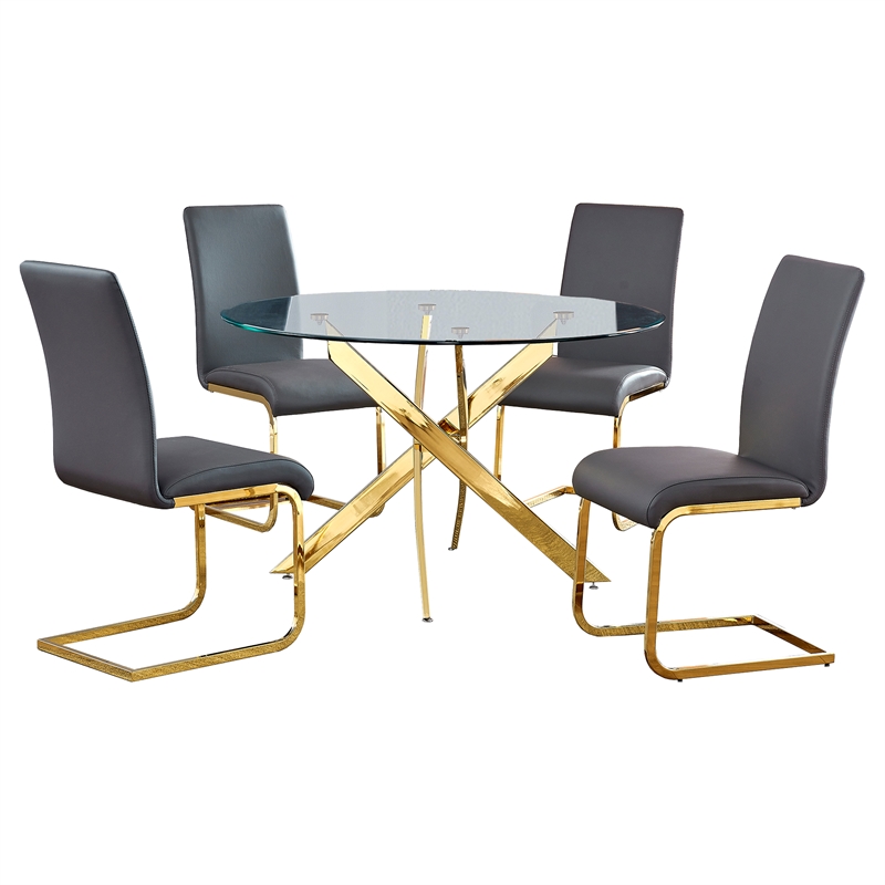 Alison 5-piece Modern Glass Top Dinette Set in Gray/Gold