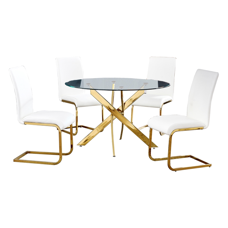 Alison 5-piece Modern Glass Top Dinette Set in White/Gold