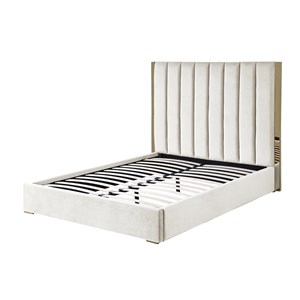 Jalen Beige Velvet California King Platform Bed with Gold Accents
