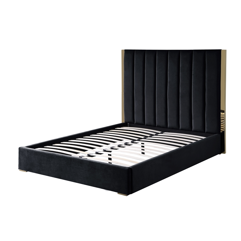 Jalen Black Velvet King Platform Bed with Gold Accents