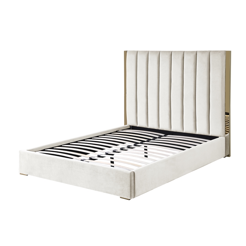 Jalen Beige Velvet Queen Platform Bed with Gold Accents