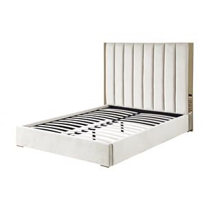 Jalen Beige Velvet Queen Platform Bed with Gold Accents