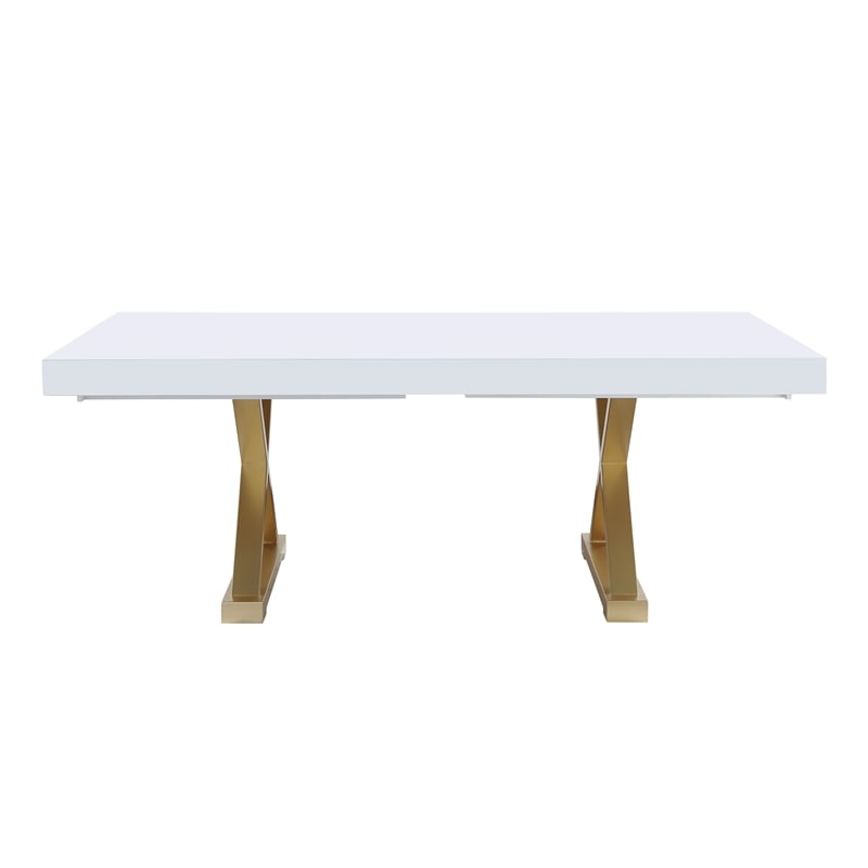 Tyrion Rectangle Extendable Modern White Wood Dining Table in Brushed Gold