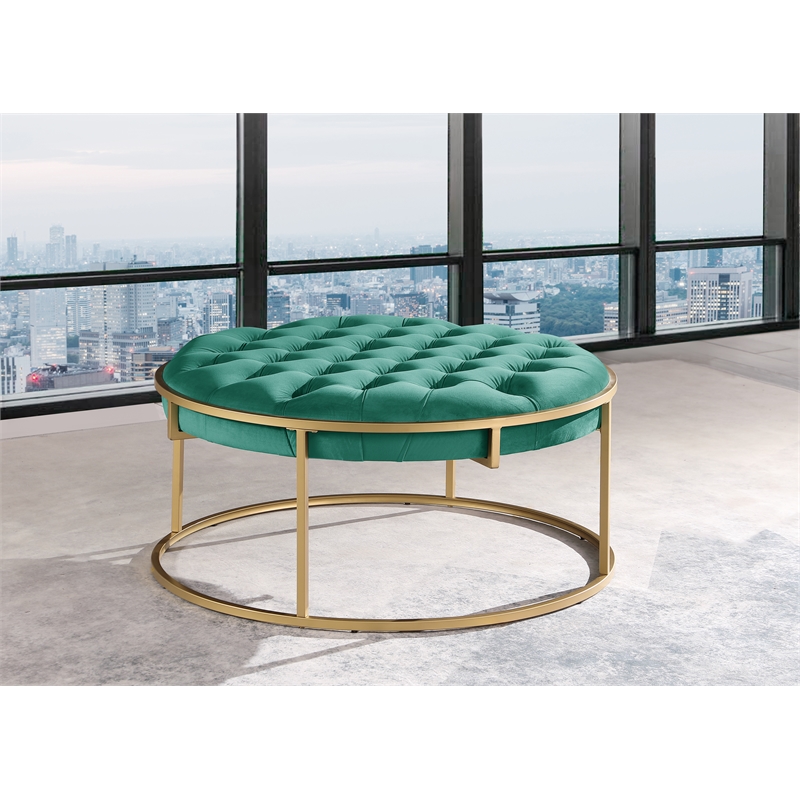 Amoria Green Round Ottoman in Brushed Gold