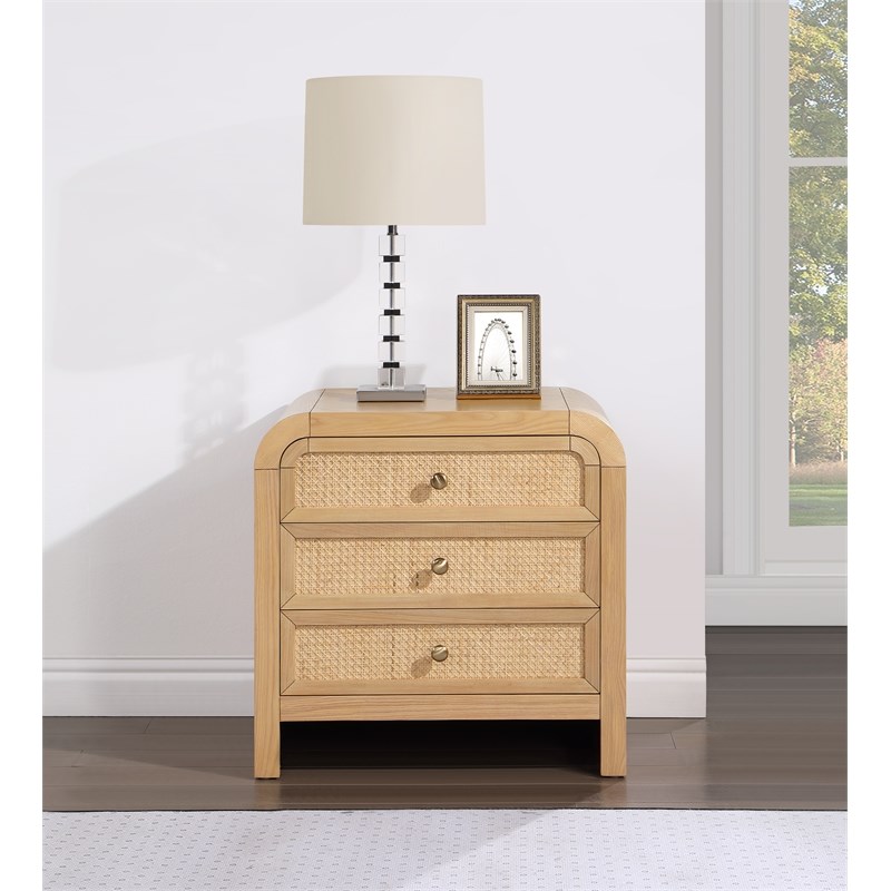 Belmont 3-Drawer Brown Rattan Wood Nightstand