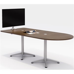 Olio Designs 36&quot x 84&quot Wood Top Horseshoe Work Table in River Cherry and Silver