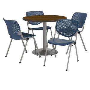 KFI Round 36&quot Dia. Pedestal Table - 4 Navy KOOL Chairs - Walnut Top