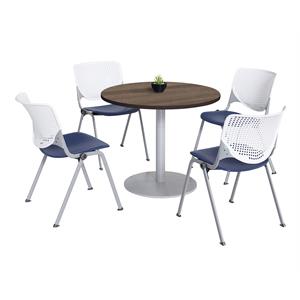 KFI 42&quot Round Dining Table - Teak Top - Kool Chairs - White/Navy