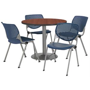 KFI Round 36&quot Dia. Pedestal Table - 4 Navy KOOL Chairs - Mahogany Top