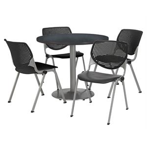 KFI Round 42&quot Pedestal Table - 4 Black KOOL Chairs - Graphite Nebula Top