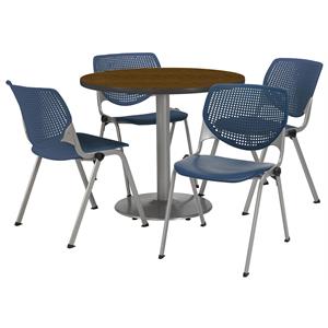 KFI Round 42&quot Pedestal Table - 4 Navy KOOL Chairs - Walnut Top