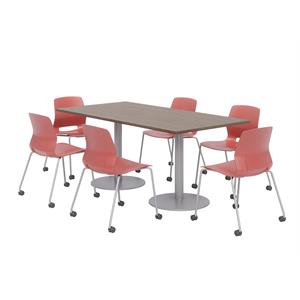 36 x 72&quot Table - 6 Lola Coral Caster Chairs - Teak Top - Silver Base