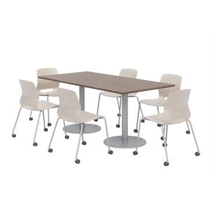 36 x 72&quot Table - 6 Lola Moonbeam Caster Chairs - Teak Top - Silver Base