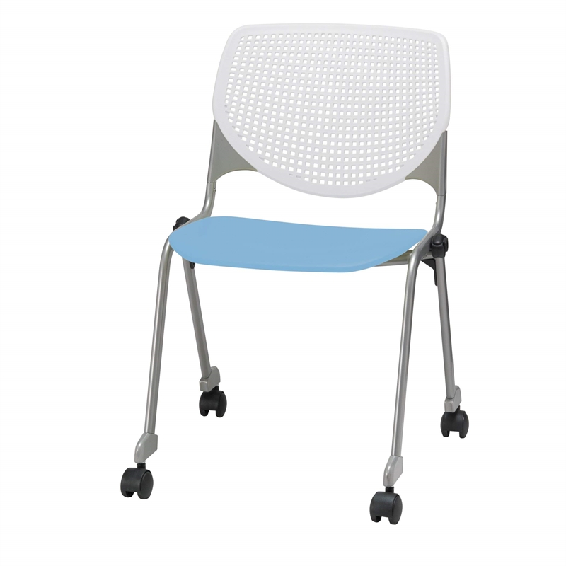 KFI KOOL Stack Chair - Casters - White Back - Sky Blue Seat