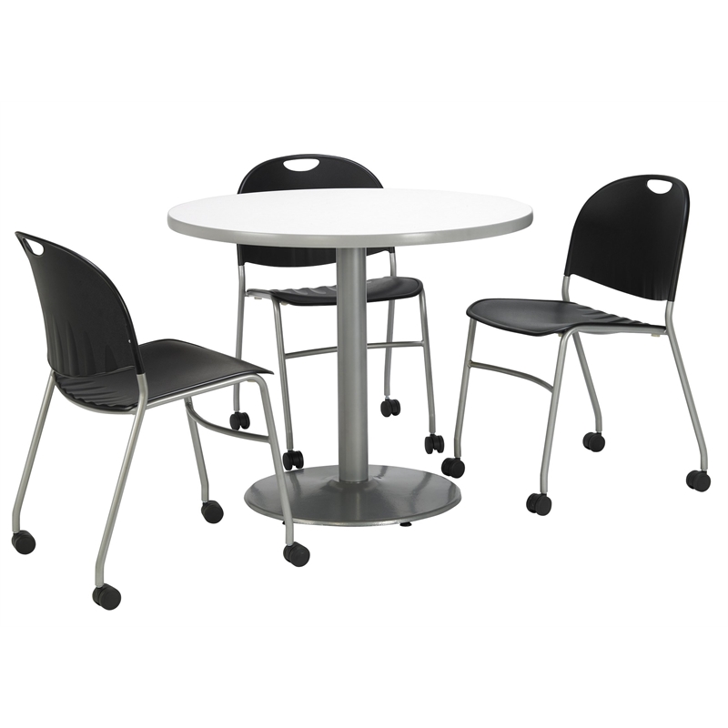 KFI Crisp Linen 36im Breakroom Table with Round Silver Base
