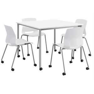 KFI Dailey 42in Square Dining Set - White/Silver Table - White Chairs w/Casters